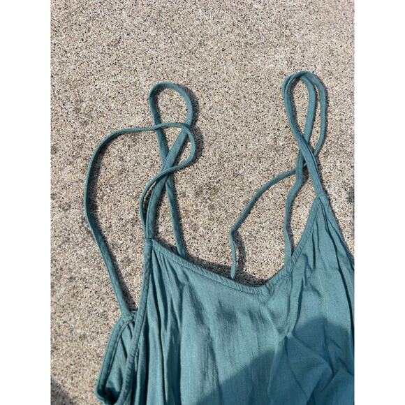 Aerie Dress Women Size XXS Dark Sage Linen Strappy Lined Side Slit Midi Casual - Picture 3 of 5